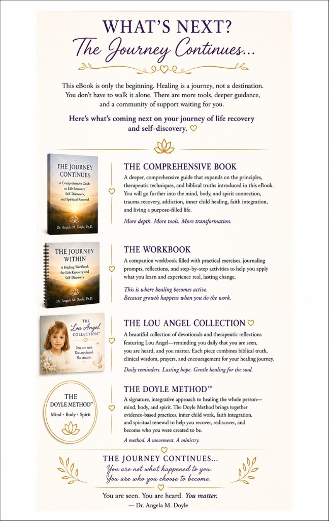 What's Next: The Journey Continues with upcoming books, workbook, Lou Angel Collection, and The Doyle Method by Dr. Angela M. Doyle